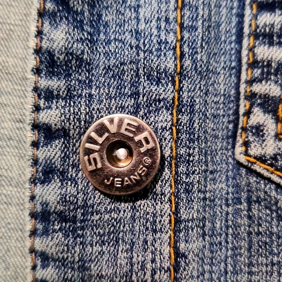 Y2K Silver Jeans Denim Button Up Cropped Fitted Jacket Women's Size Large - Picture 7 of 15